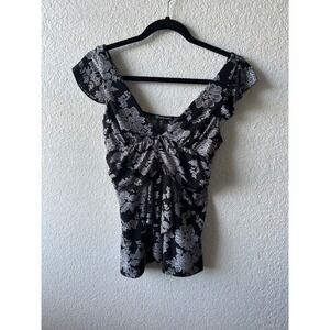 Coolwear Black Floral Babydoll Deep V Neck Sleeve Top‎ L Whimsigoth Fairy Grudge